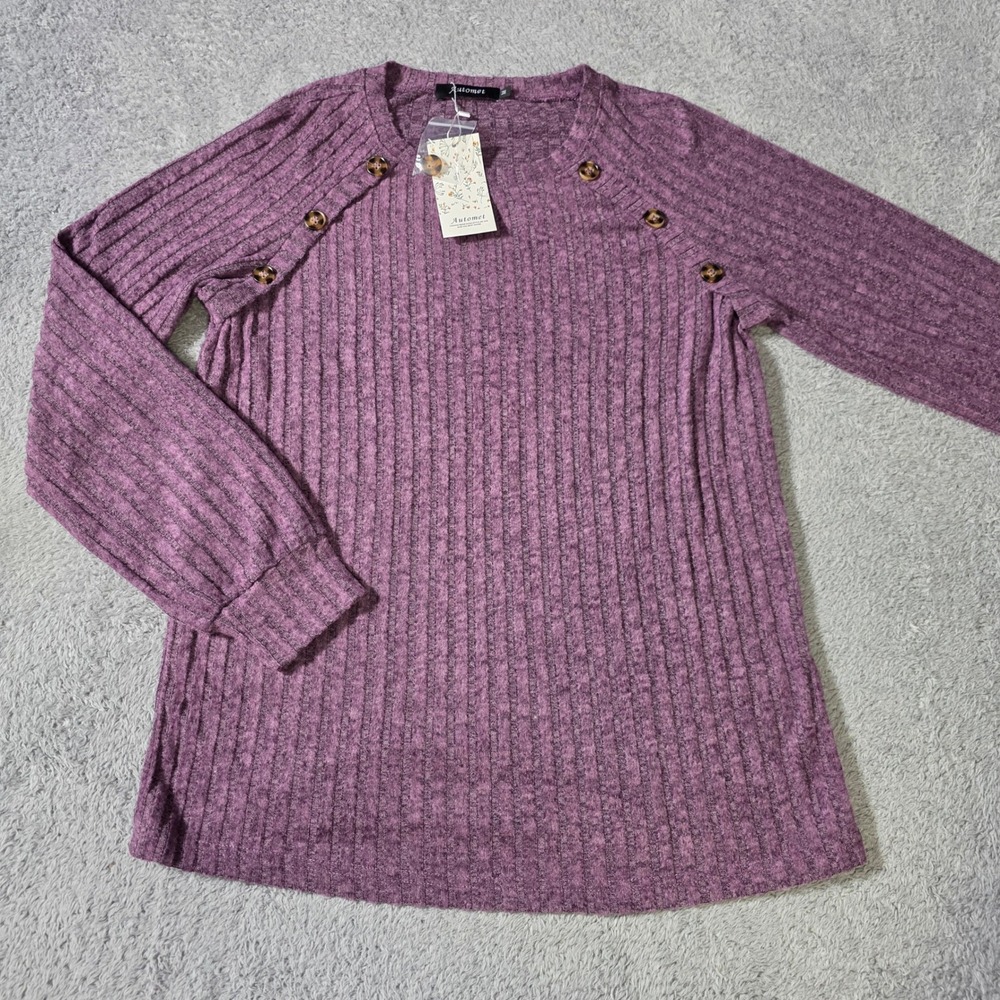 Automet Womens M Top Purple Ribbed Knit Long Sleeve Button Shoulder SZ250202